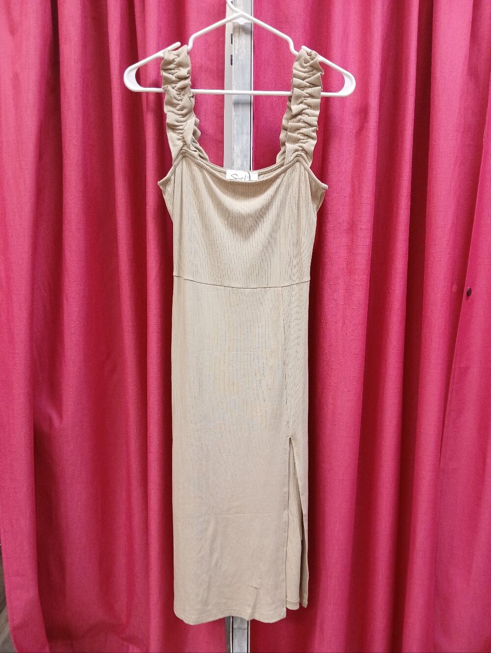 Sweet Lemon Beige Ribbed Midi Dress Women’s M Ruched Strap Side Slit Tank Dress